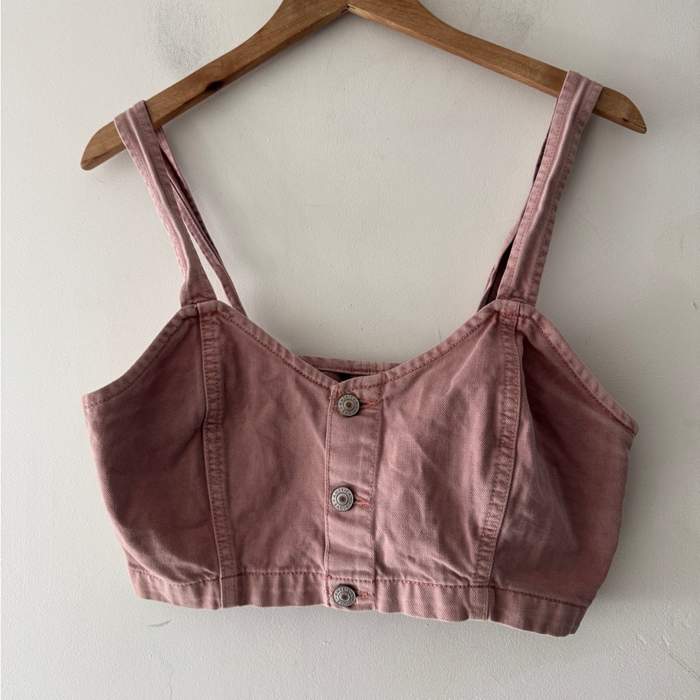American Eagle Pink Denim Button‎ Crop Top Tie Straps